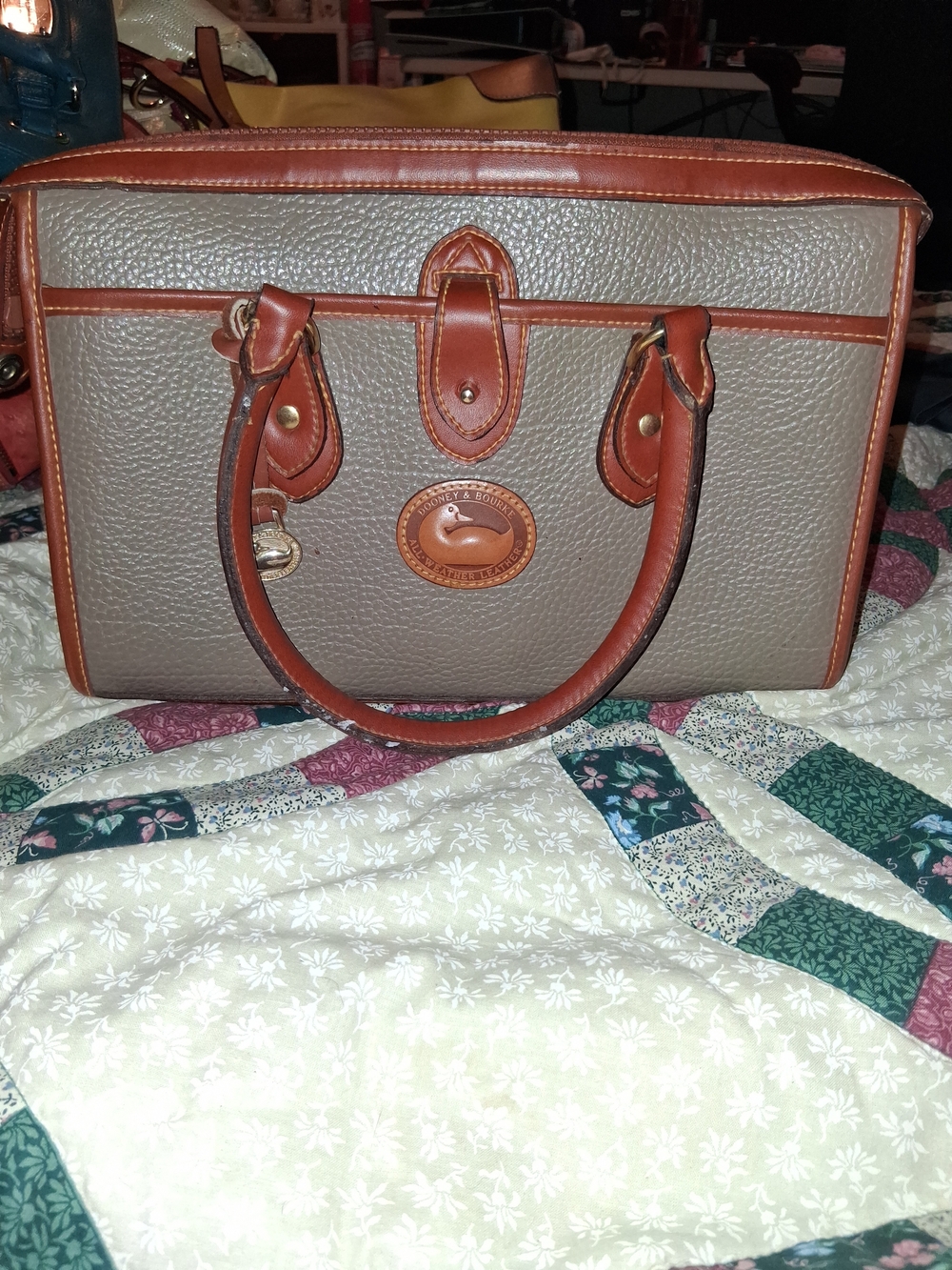 Dooney & Bourke Taupe Satchel with Brown Leather Trim